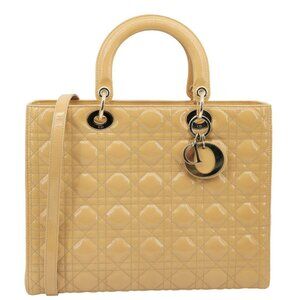 Christian Dior  Lady Dior Large Quilted Patent Leather Shoulder Bag Camel